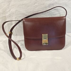 Celine Classic Box Leather Medium Bag Flap Purse Teen Triomphe Burgandy Brown